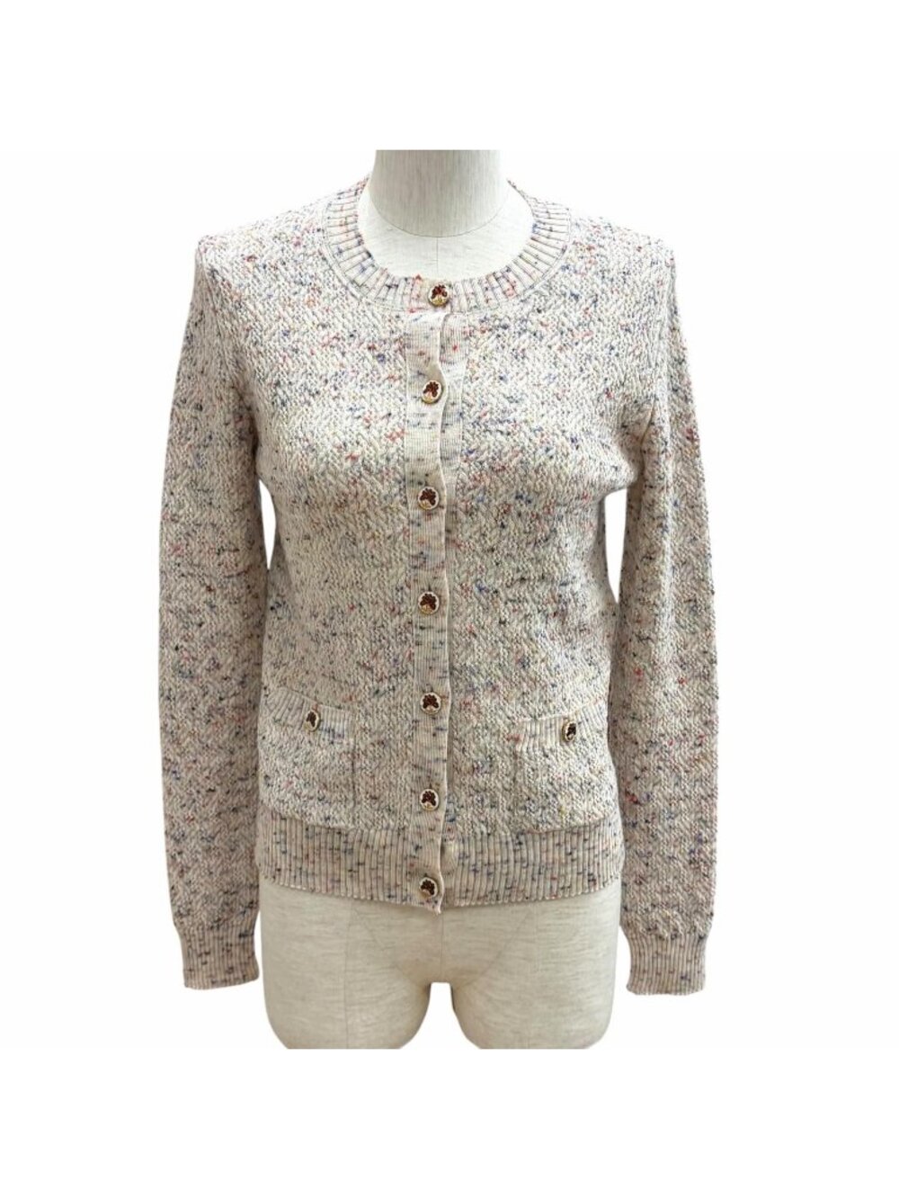 Chanel Wool Blend CC Logo Flower Button Crew Neck Knit Cardigan Multi 36